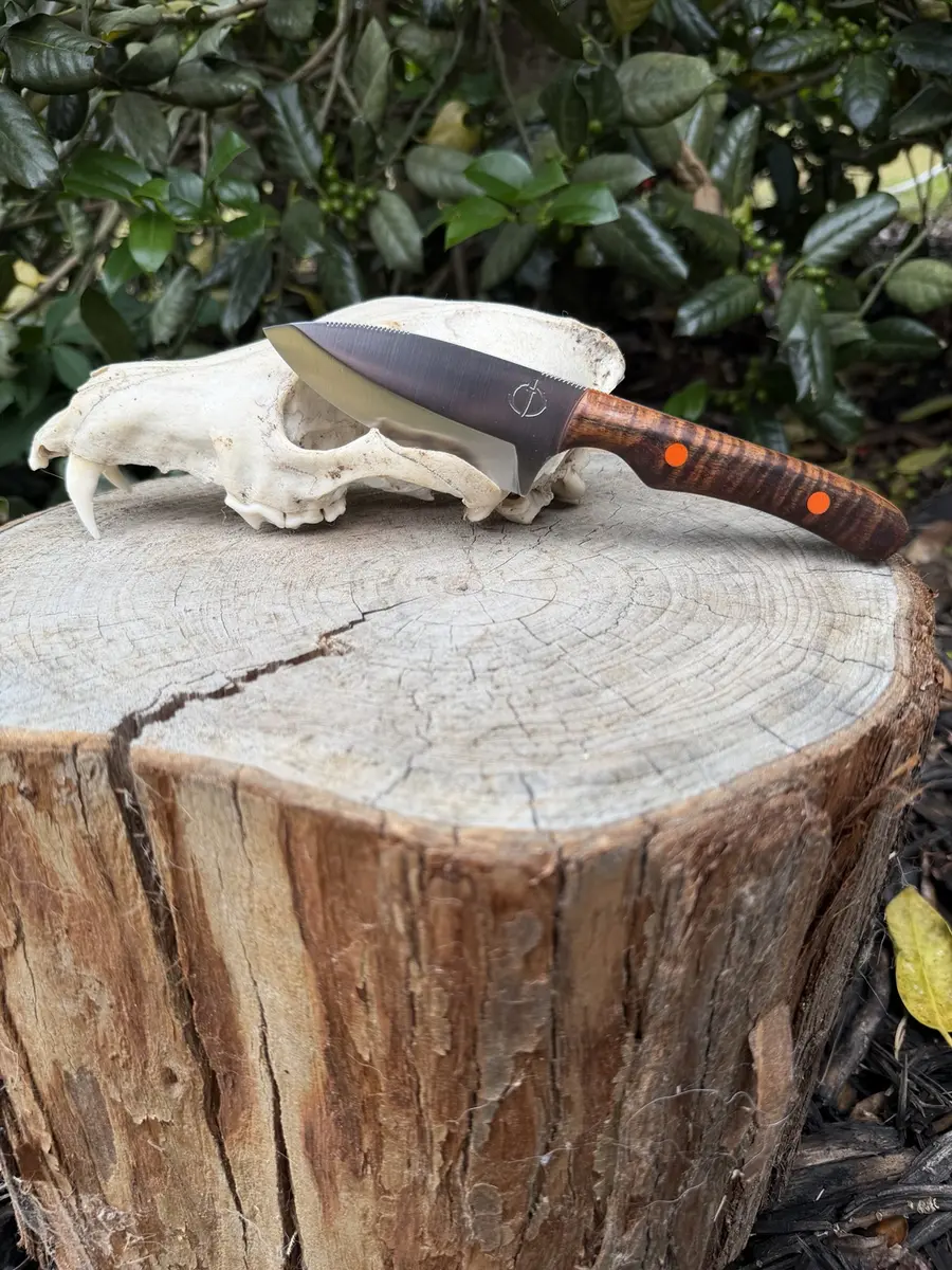The Exodus handmade Iron Oak knife with a figured wood handle and orange accents
